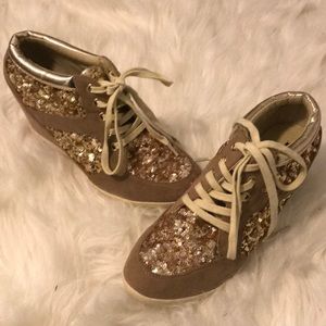 Gold glitter sneaker wedges